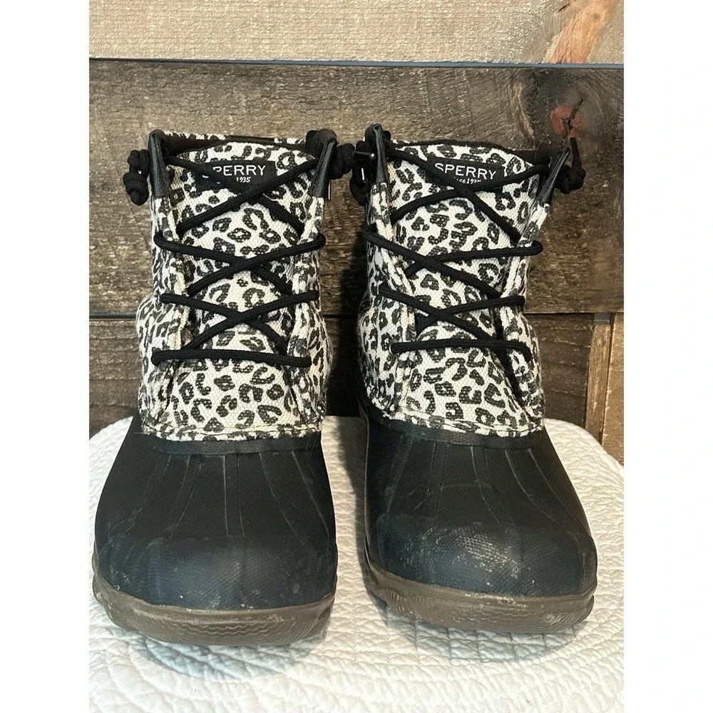 Sperry Saltwater Leopard Print Duck Rain Boots Women's 9.5 Black‎ STS86438